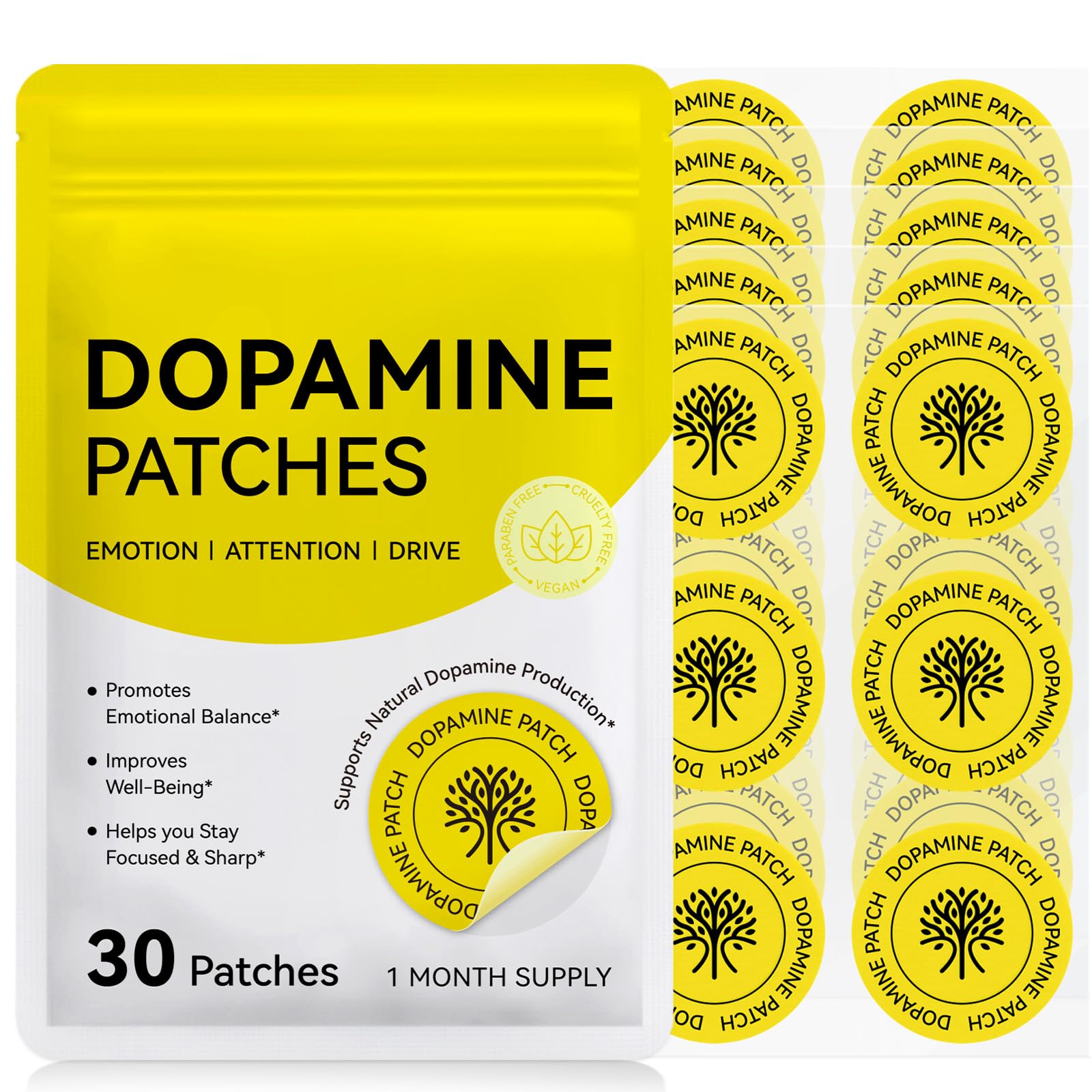 Arkture Dopamine Patches pack shot showing a month supply of plant-based mood support patches