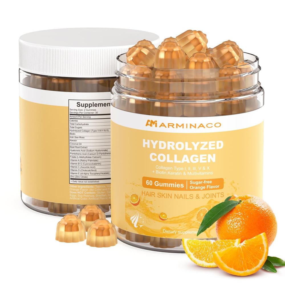 ARMINACO Collagen Gummies for Women orange bottle for easy daily beauty support.