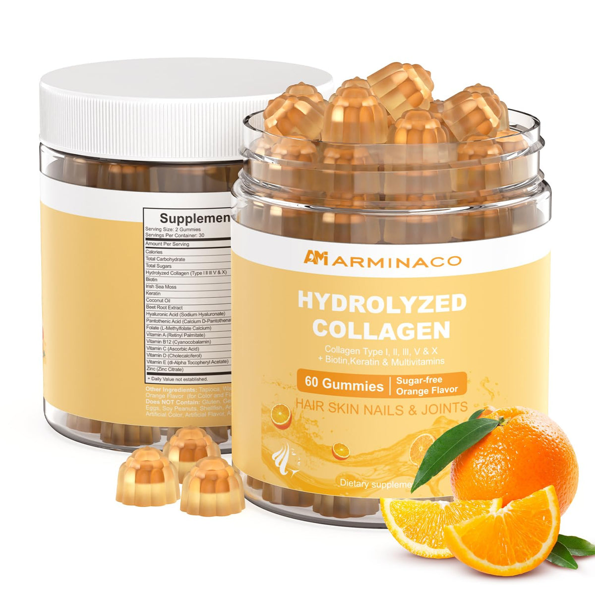 ARMINACO Collagen Gummies for Women orange bottle for easy daily beauty support.