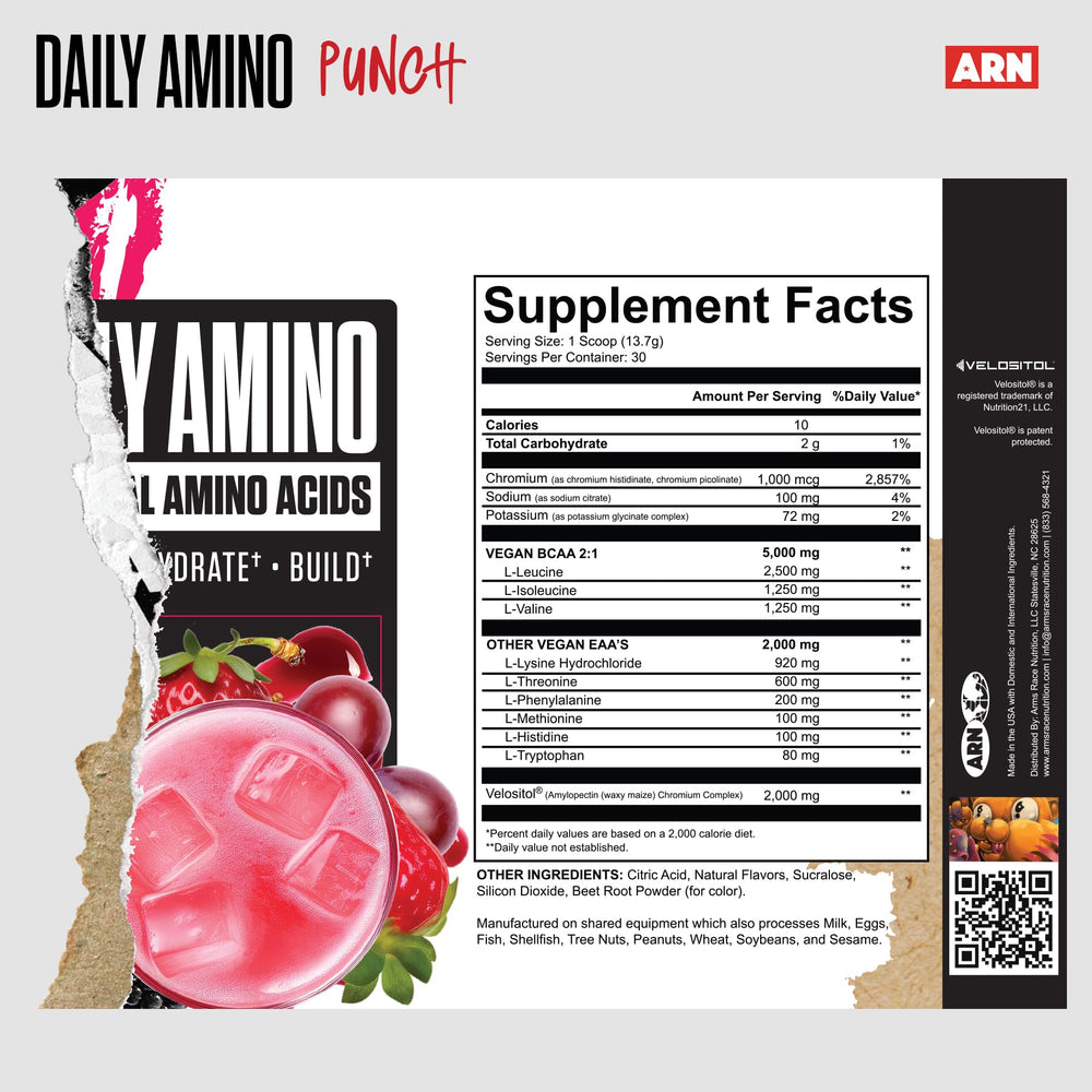 Arms Race ARN Daily Amino tub label highlights vegan BCAA and EAA content.