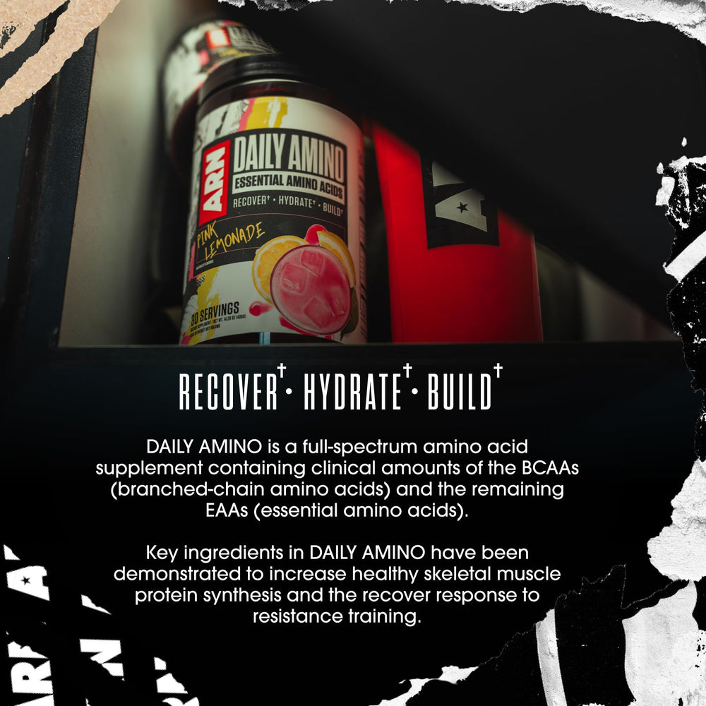 Arms Race ARN Daily Amino workout bottle supports vegan amino intake.