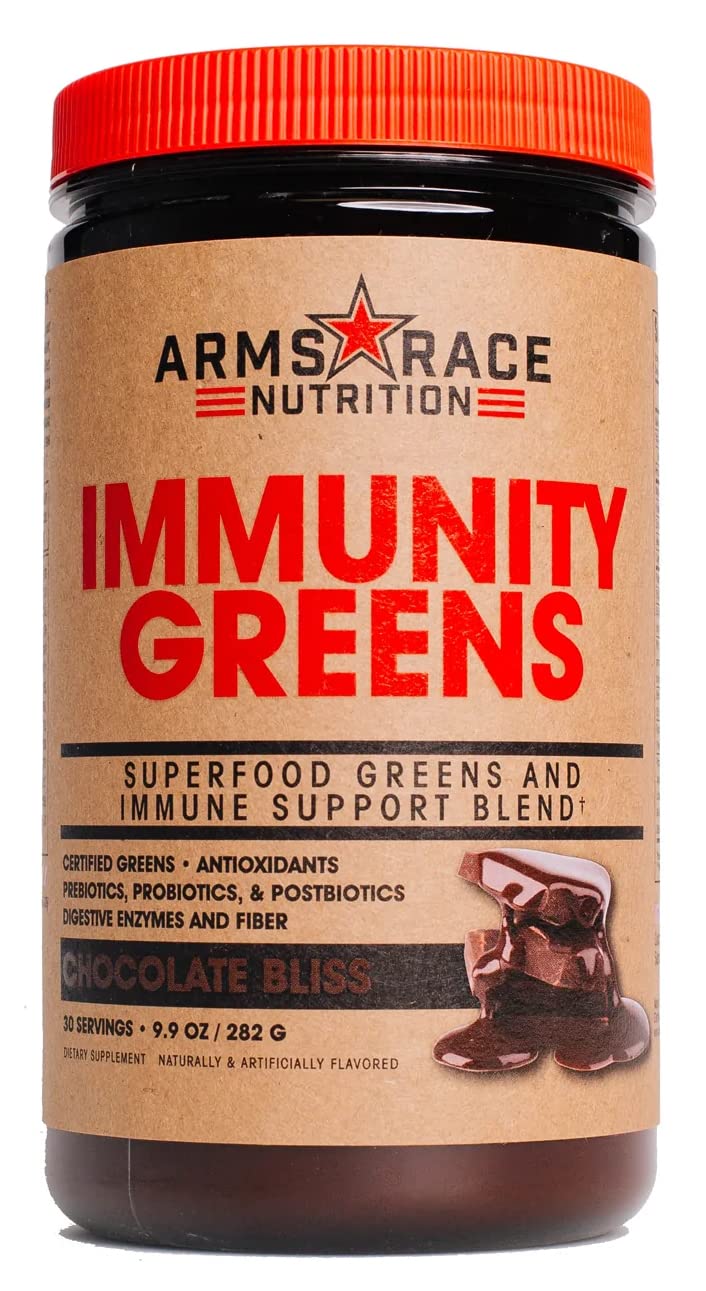 Arms Race Immunity Greens Chocolate Bliss tub front label promotes daily vitality.