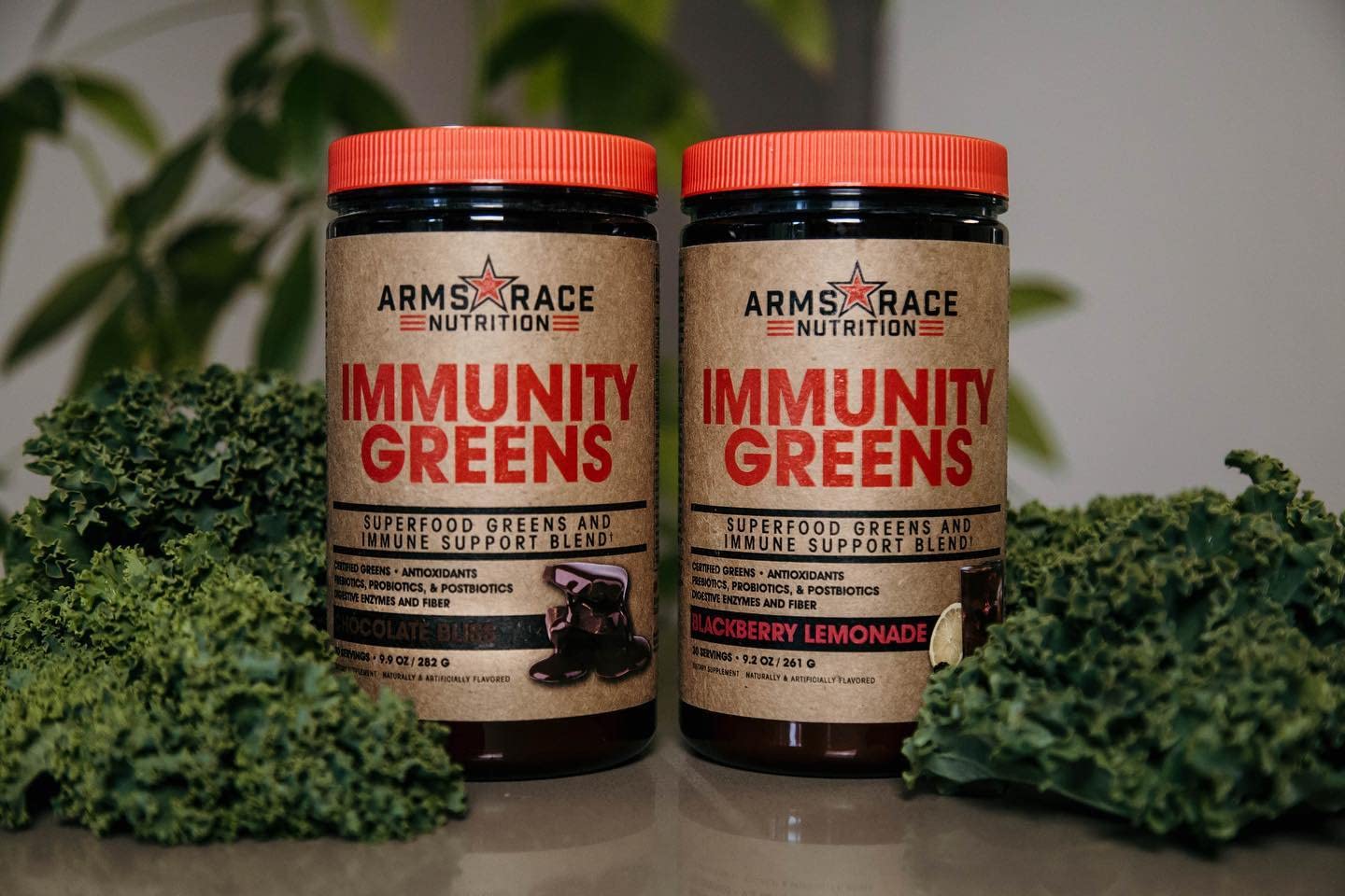 Arms Race Immunity Greens label close-up highlighting ingredients and enzymes