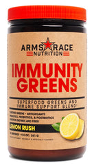 Arms Race Nutrition Immunity Greens Lemon Rush bottle emphasizing immune support