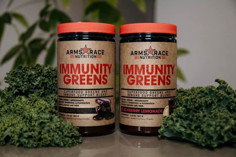 Arms Race Immunity Greens probiotic bottle view highlights gut-friendly probiotic benefits.