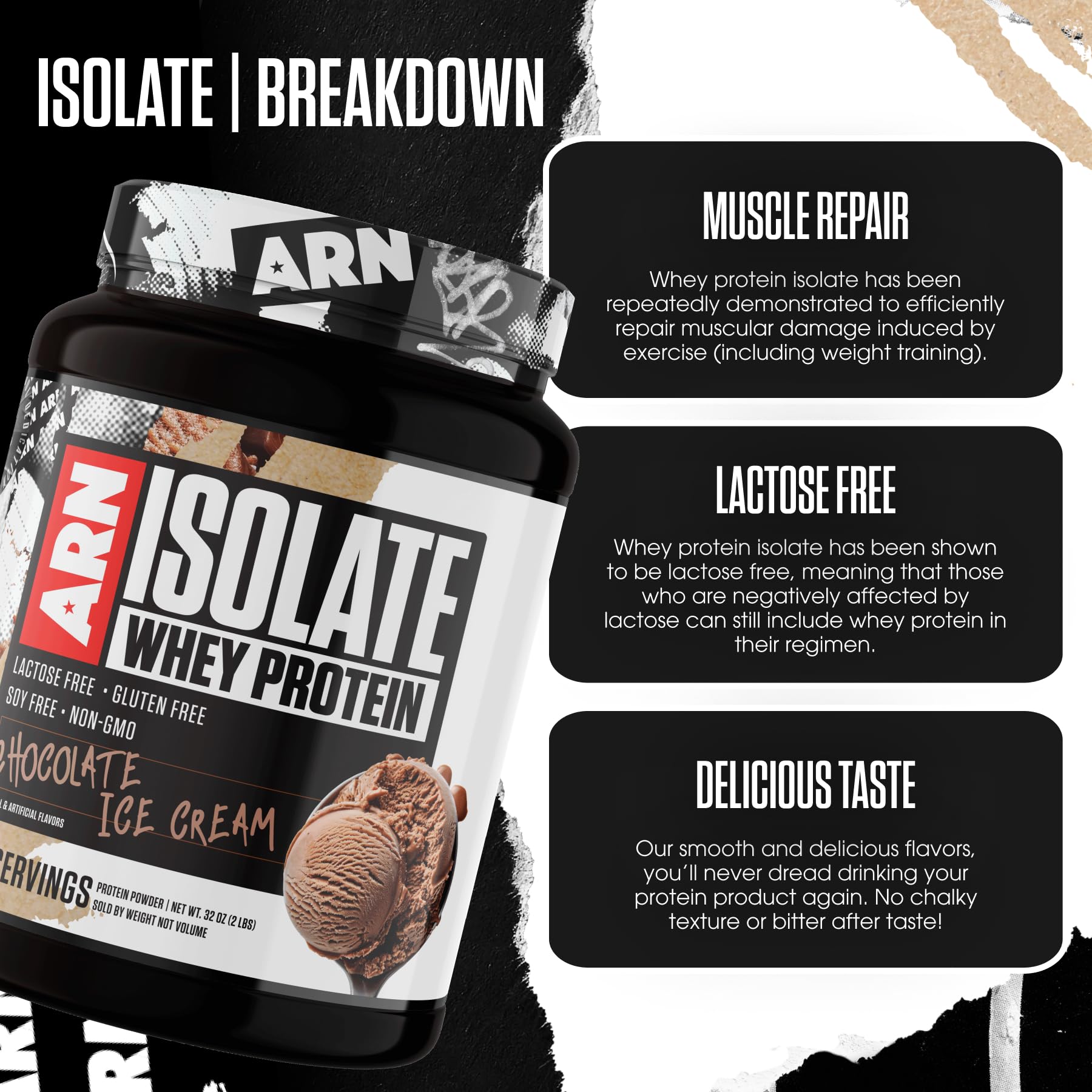 ARN Isolate chocolate flavor close-up signals tasty protein option.