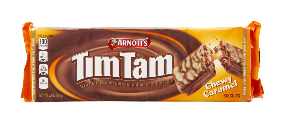 Arnott's Tim Tam Chewy Caramel biscuit with chocolate coating, ideal for tea-time indulgence.