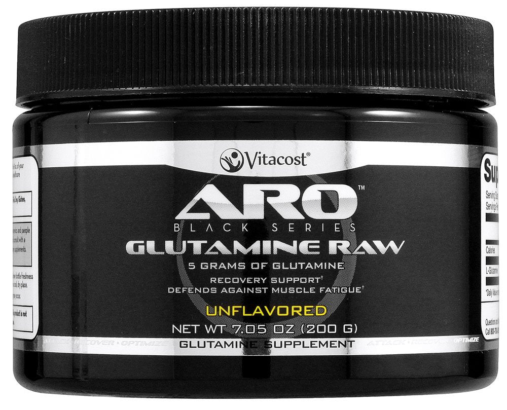 ARO-Vitacost Black Series Glutamine Raw 5g scoop for post-workout recovery support.