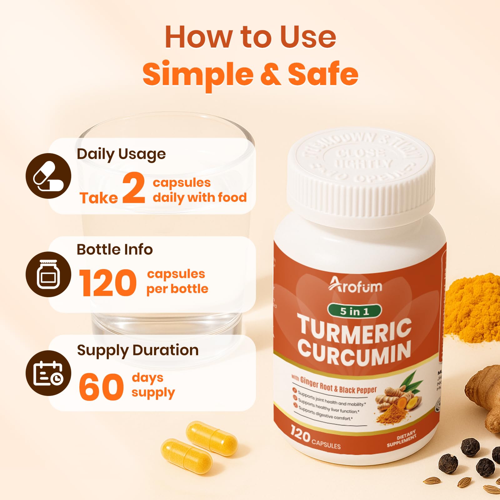 Arofum Bioperine-enhanced formula emphasizes improved absorption.