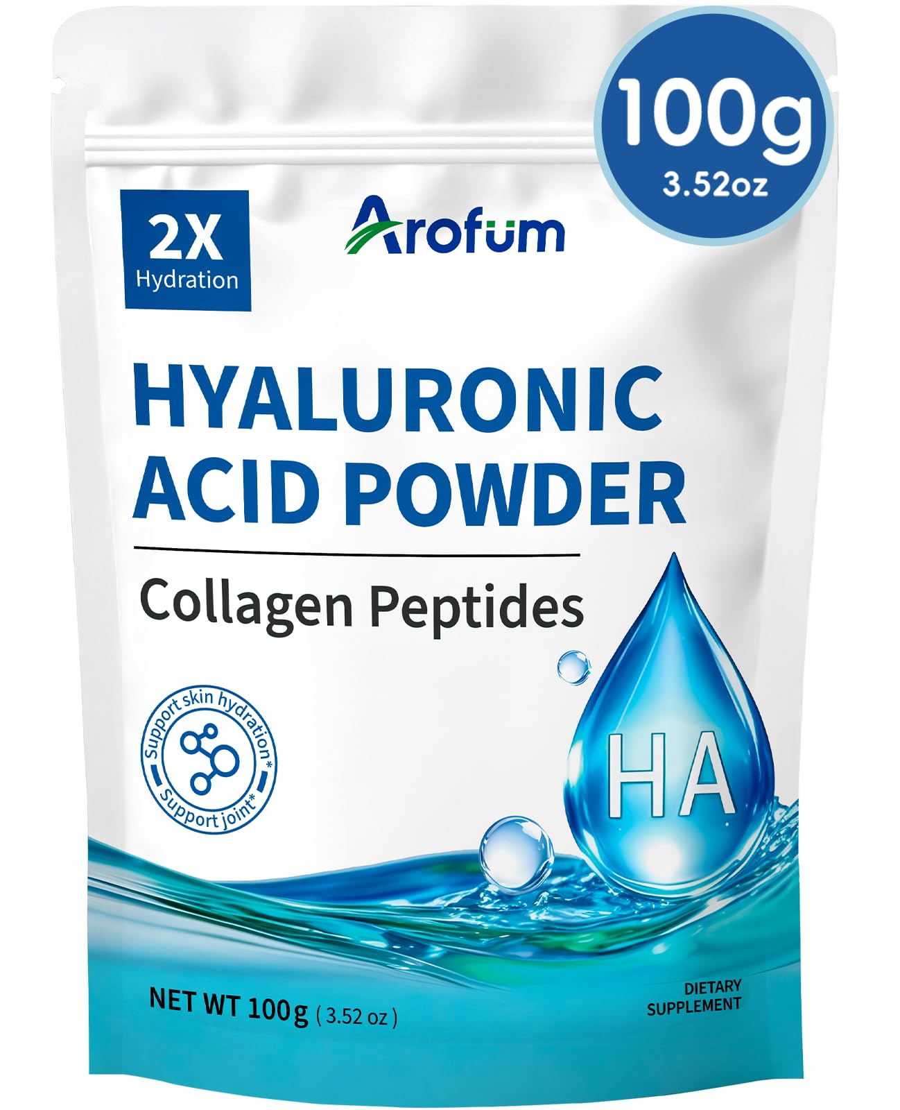 Arofum Hyaluronic Acid Powder bottle pour for easy dosing in serums.