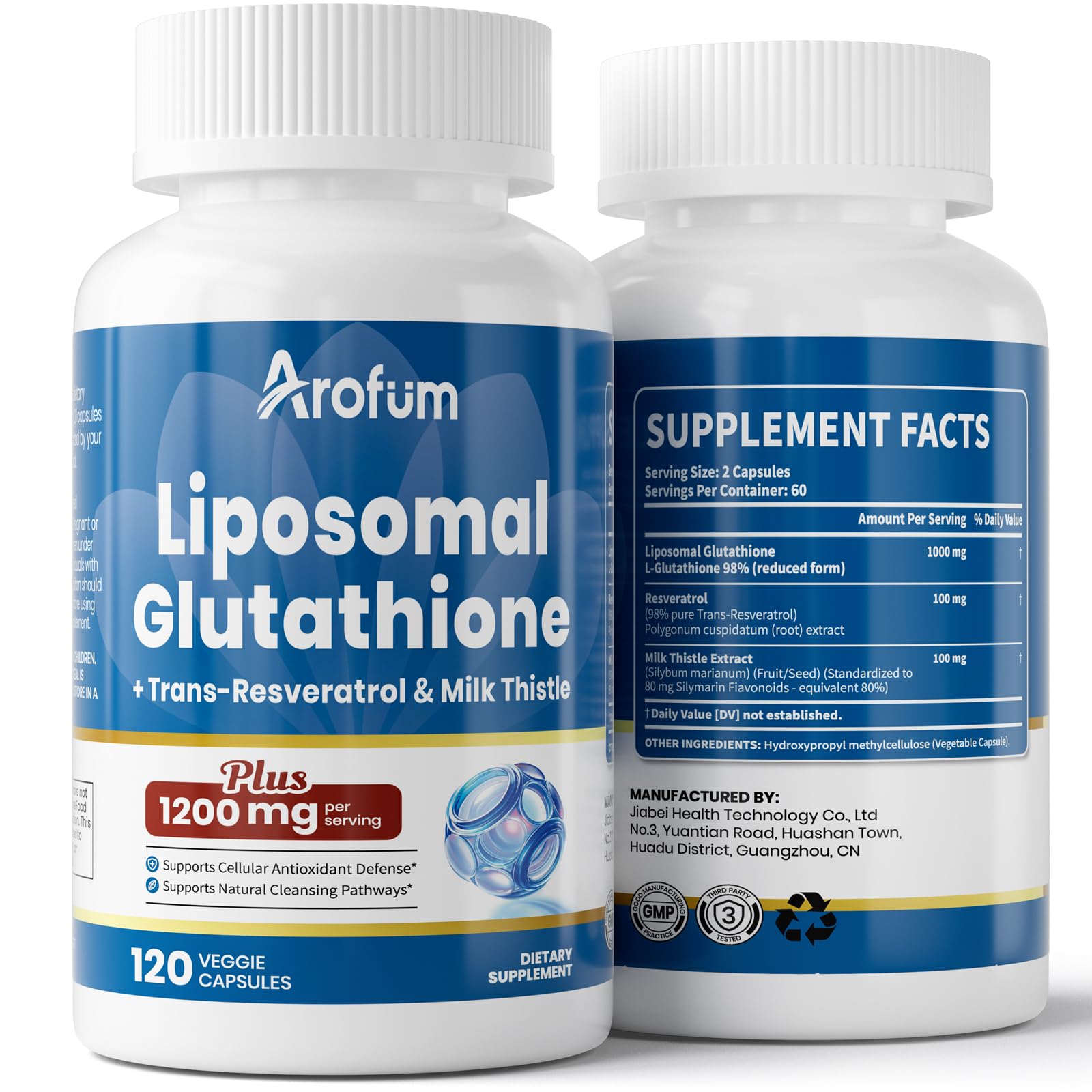 Arofum liposomal glutathione 1000mg bottle on white surface, highlighting premium antioxidant support.