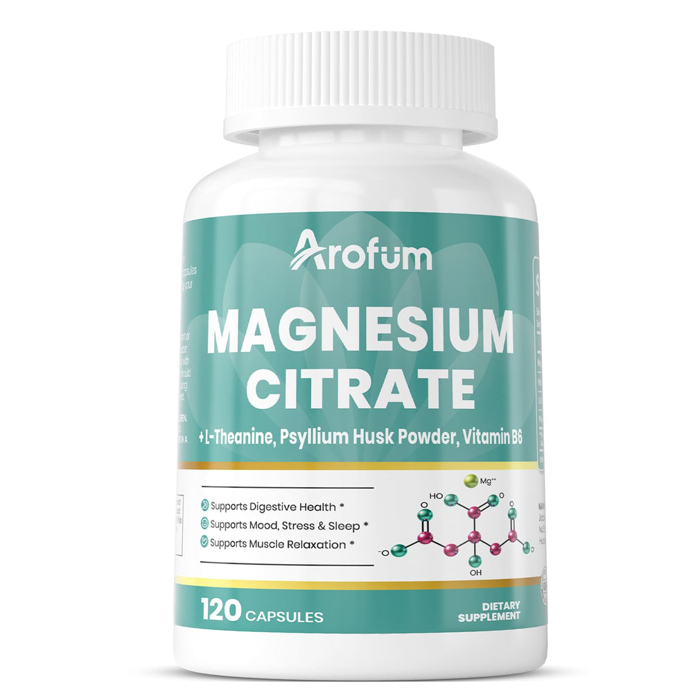 Arofum magnesium citrate capsules bottle front for daily digestive support.