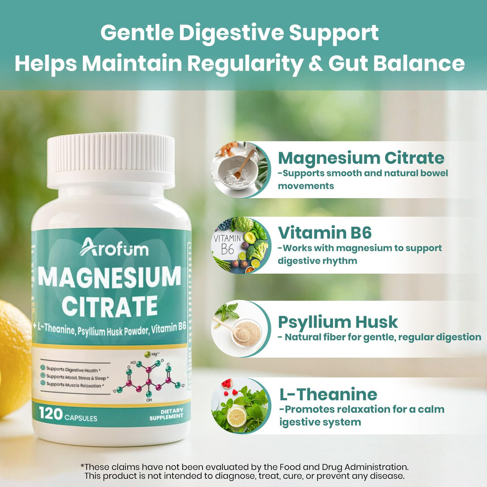 Arofum magnesium citrate capsules in a glass of water ready to take.