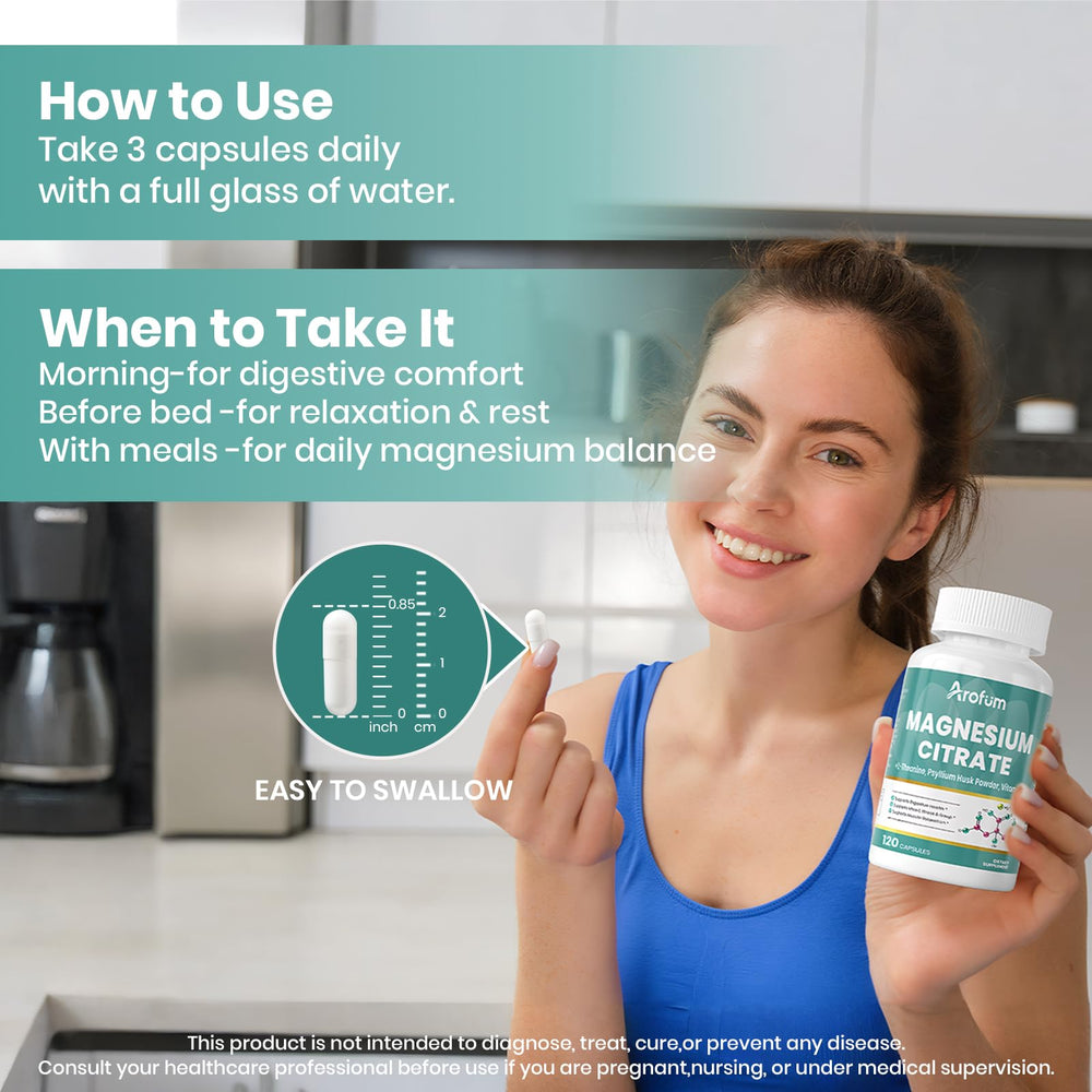 Arofum magnesium citrate bottle in a wellness lifestyle setting.