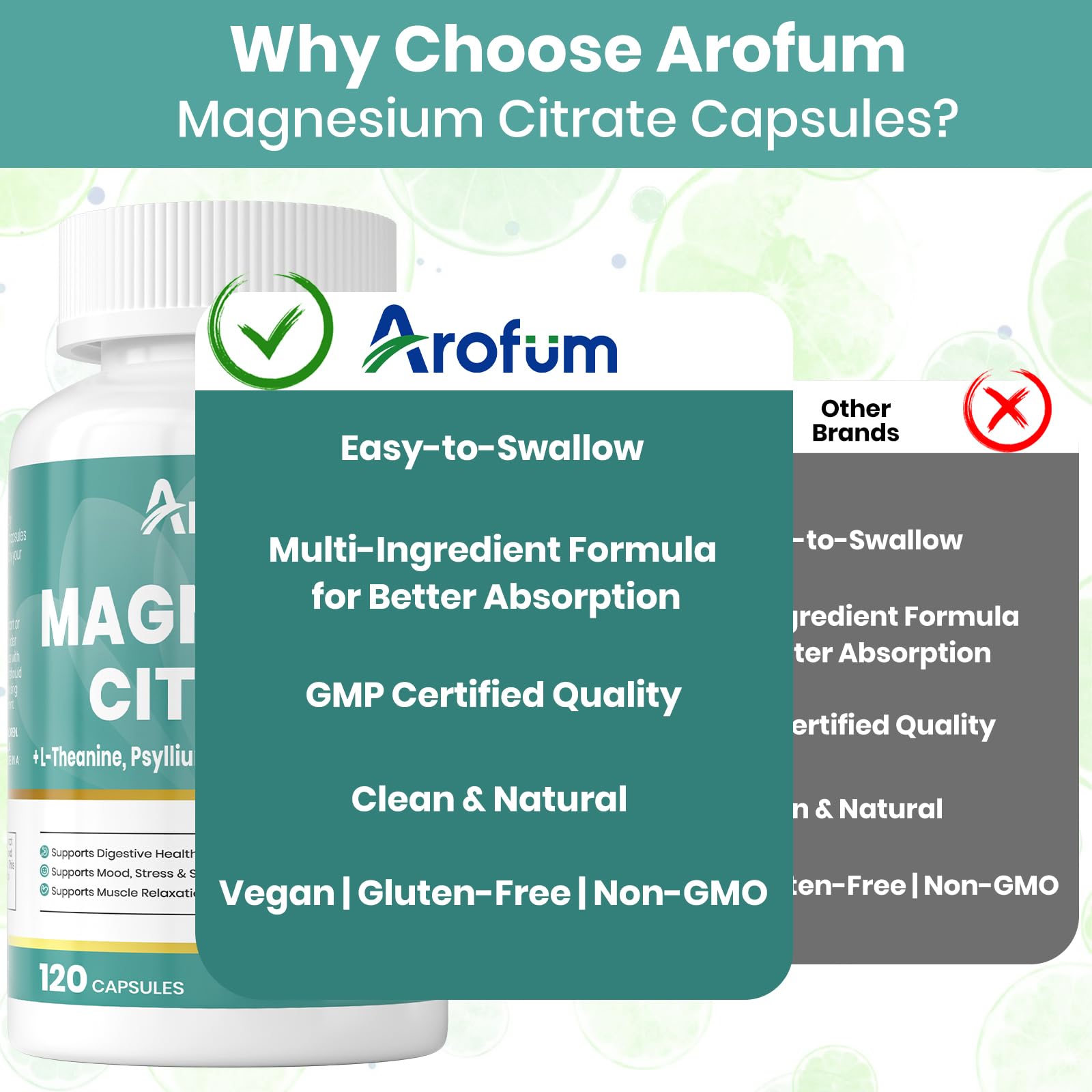 Arofum packaging and bottle highlighting vegan non-GMO quality.