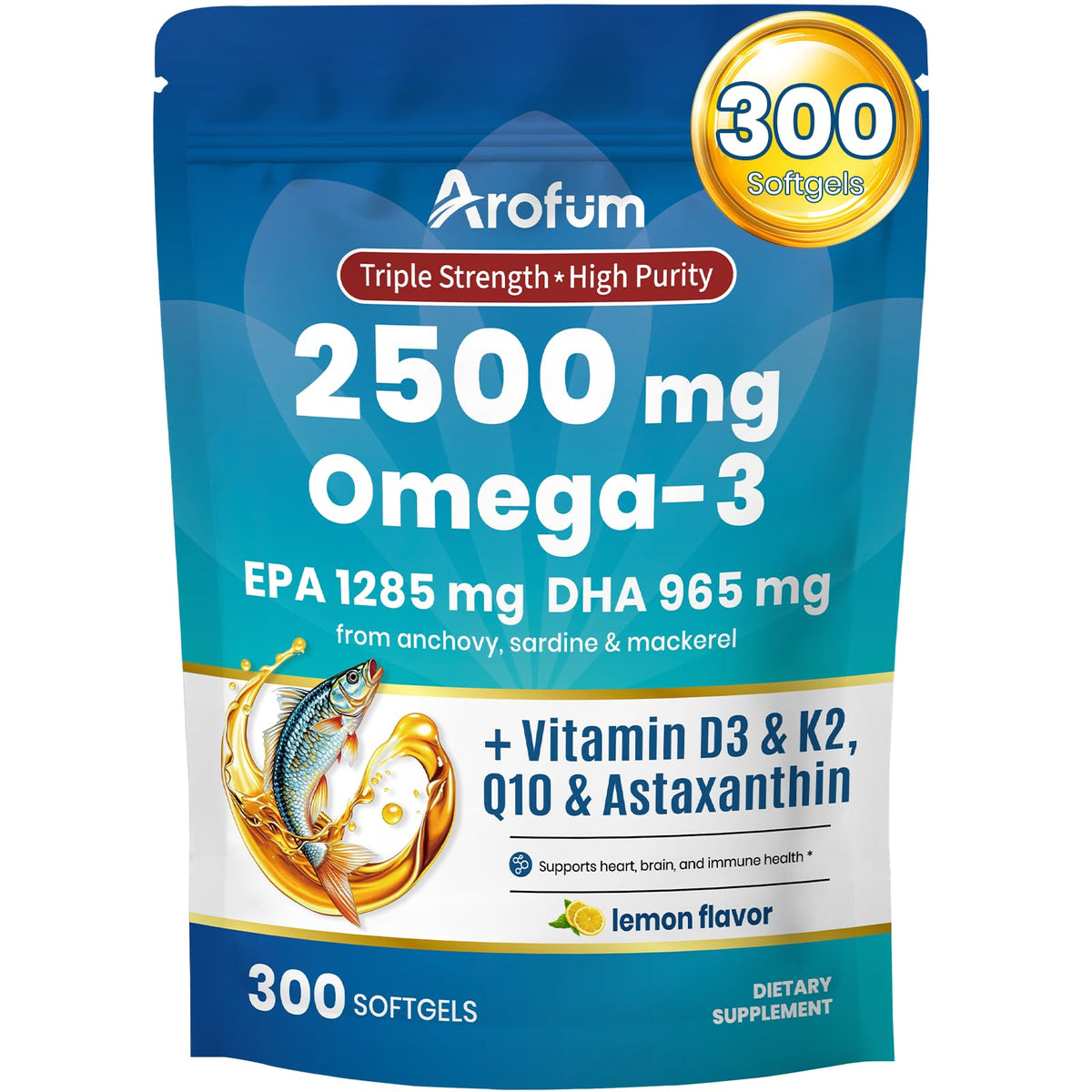Arofum Omega-3 bottle front view highlighting lemon flavor for daily support.