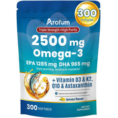 Arofum Omega-3 bottle front view highlighting lemon flavor for daily support.