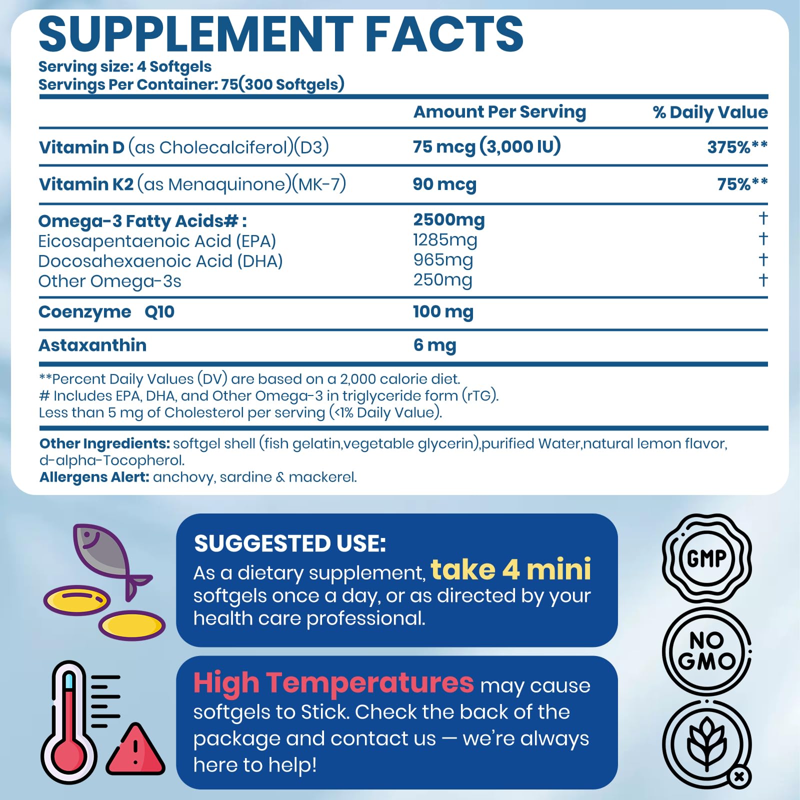 Arofum Omega-3 bottle label showing D3 and K2 for bone and immune support.