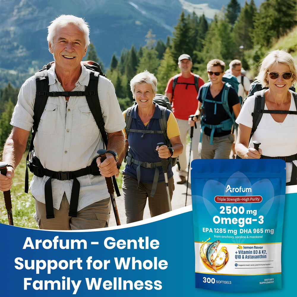 Arofum Omega-3 packaging promotes immune support as part of daily routine.