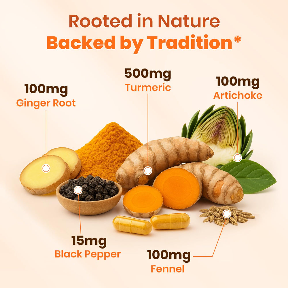 Arofum turmeric ingredients close-up includes ginger, artichoke, fennel for wellness.