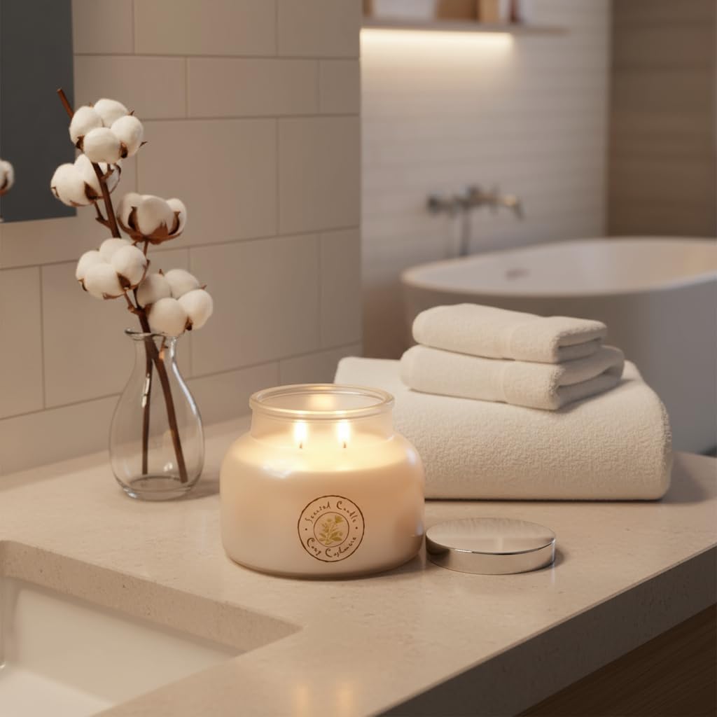 AROMA BAY Cozy Cashmere jar in bedroom setup shows modern decor compatibility and gifting potential
