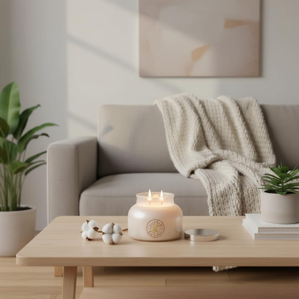 AROMA BAY Cozy Cashmere 15oz candle in use, wood-musk base implied for warm atmosphere