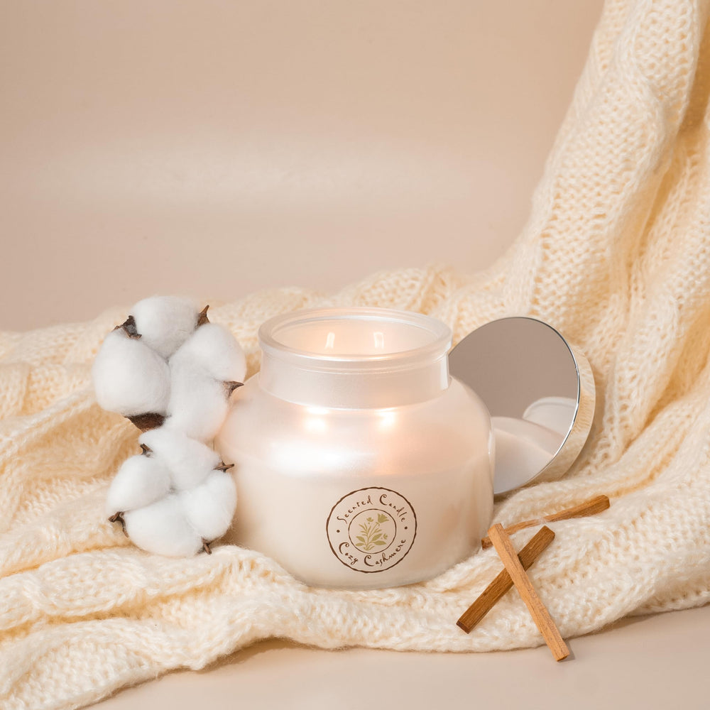 AROMA BAY Pearlized white jar with silver lid on display enhances decor and sophistication