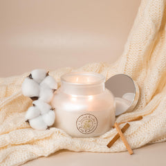 AROMA BAY Pearlized white jar with silver lid on display enhances decor and sophistication