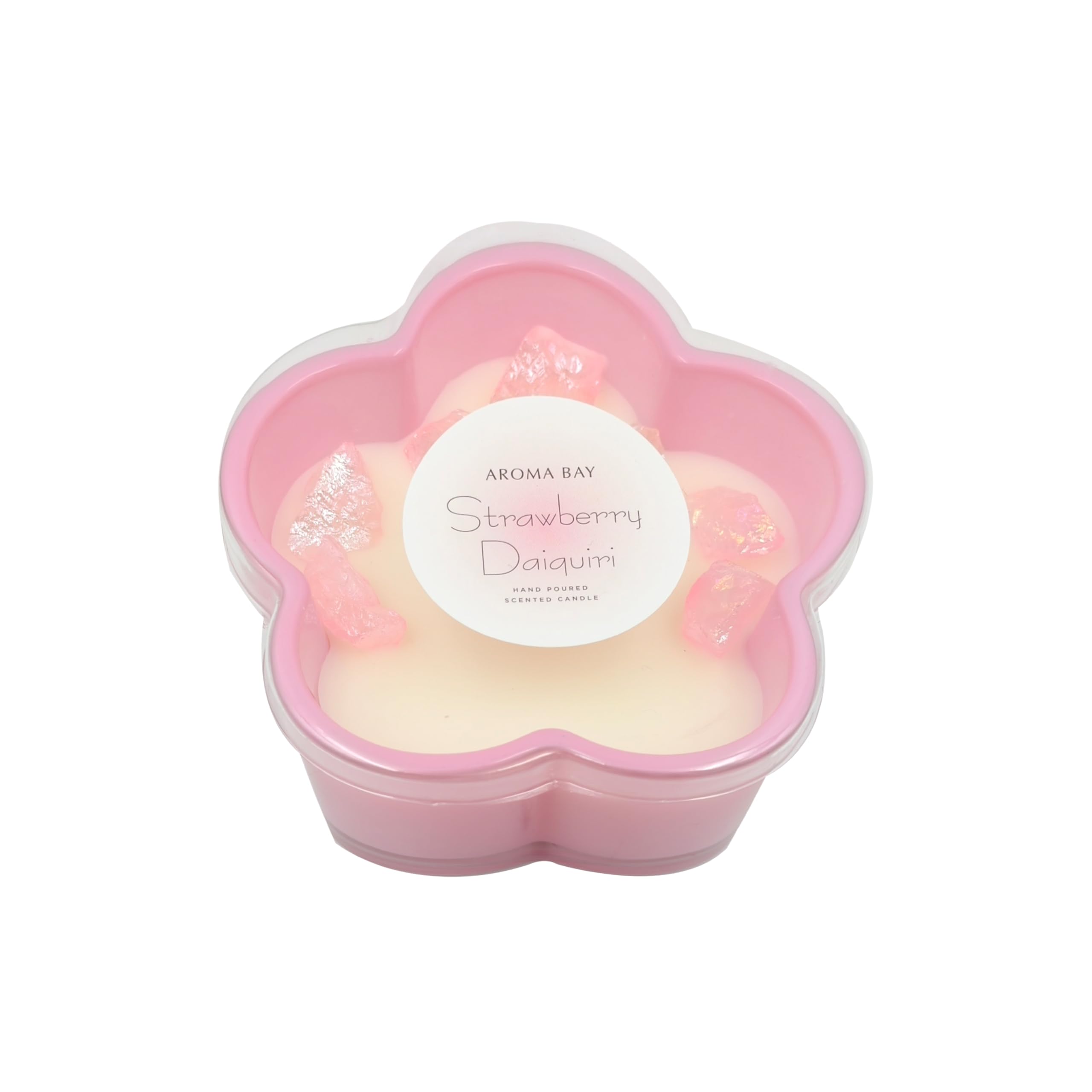 AROMA BAY Strawberry Daiquiri candle with crystals on wax surface adds a luxe centerpiece.