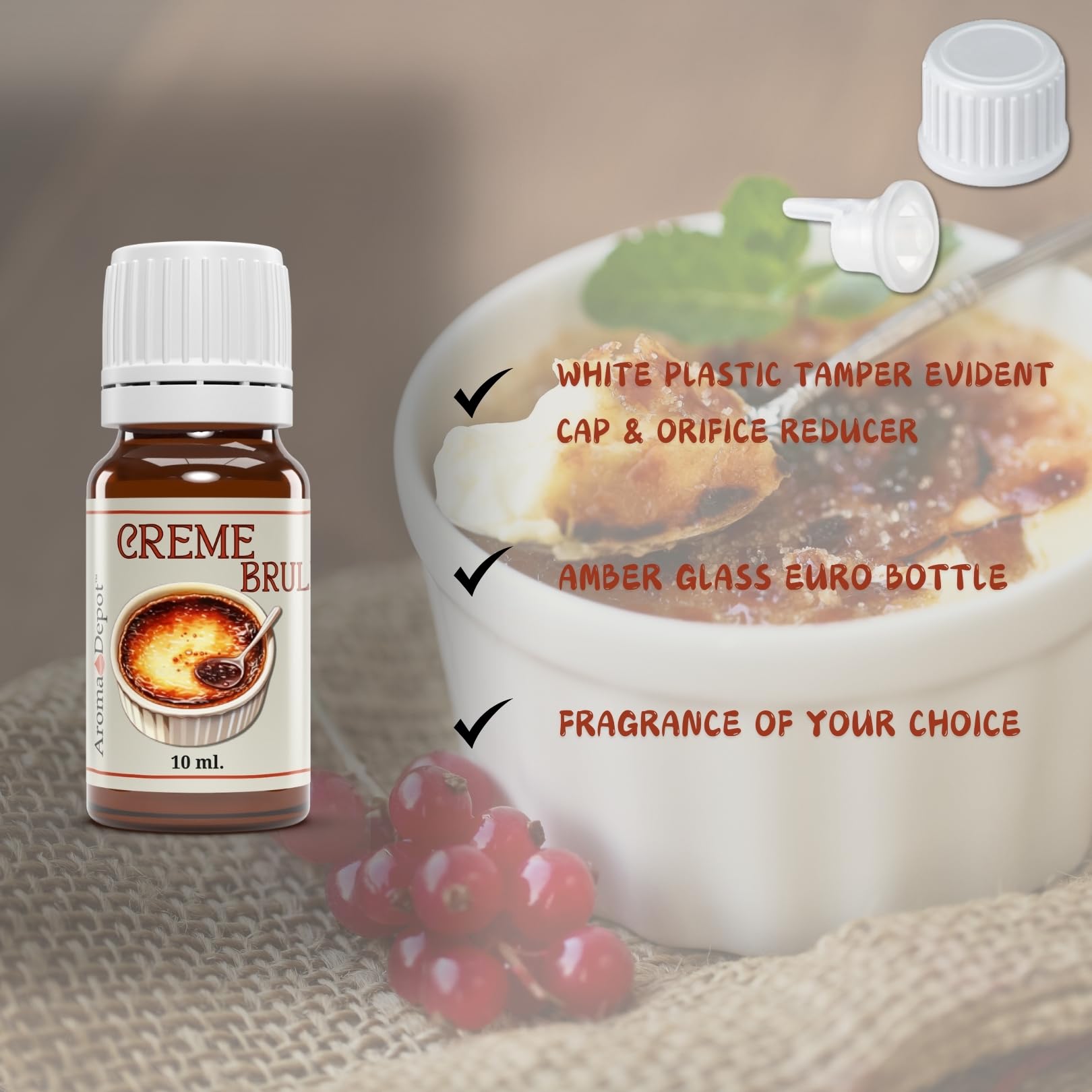 Close-up of Creme Brulee fragrance label with vanilla custard notes