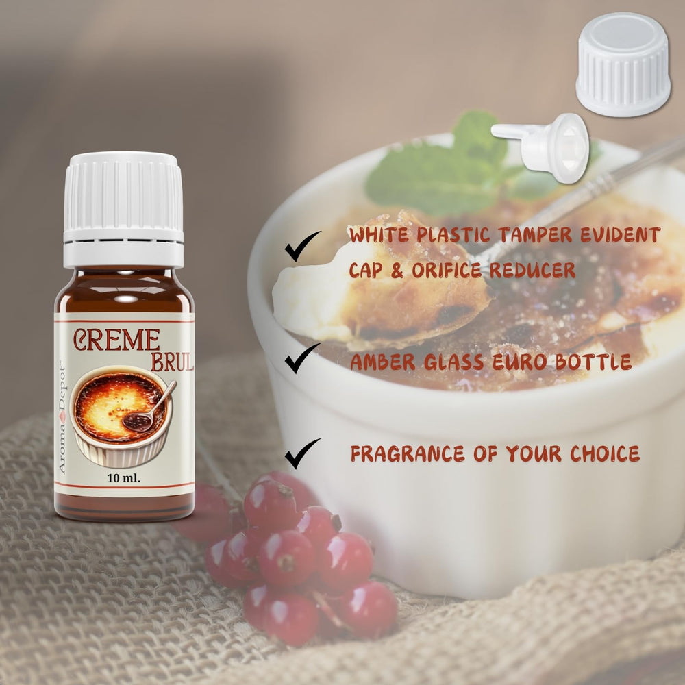 Close-up of Creme Brulee fragrance label with vanilla custard notes