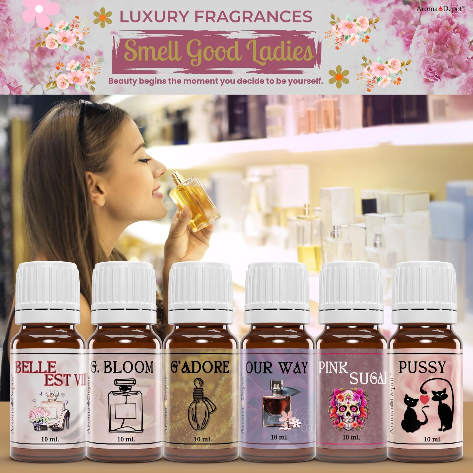 Aroma Depot Pussy Fragrance Oil packaging highlights premium uncut-grade quality