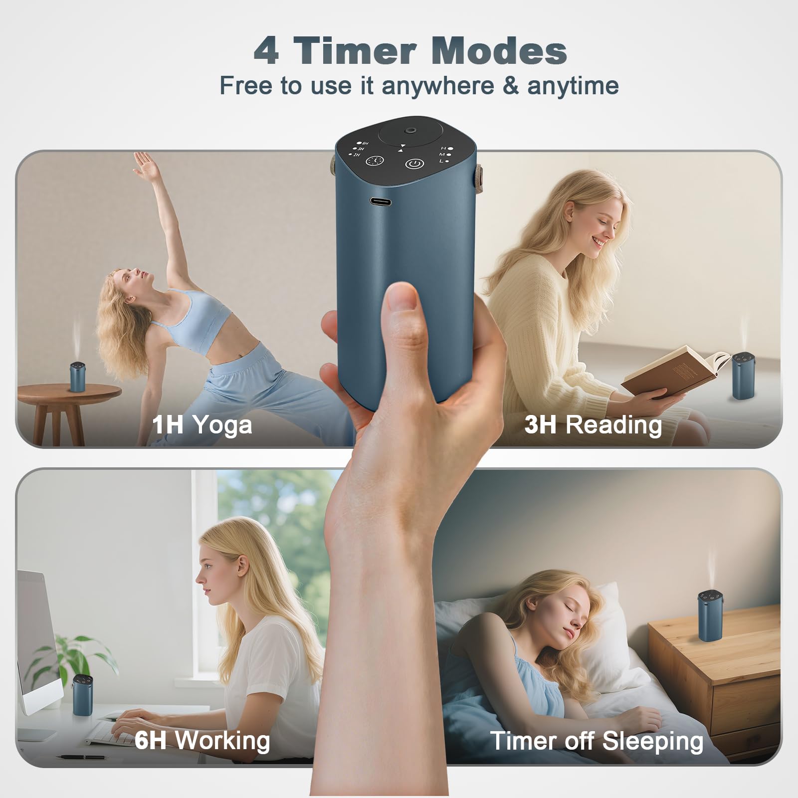 A Aroma Diary waterless diffuser highlighting mist modes for customized aromatherapy sessions.