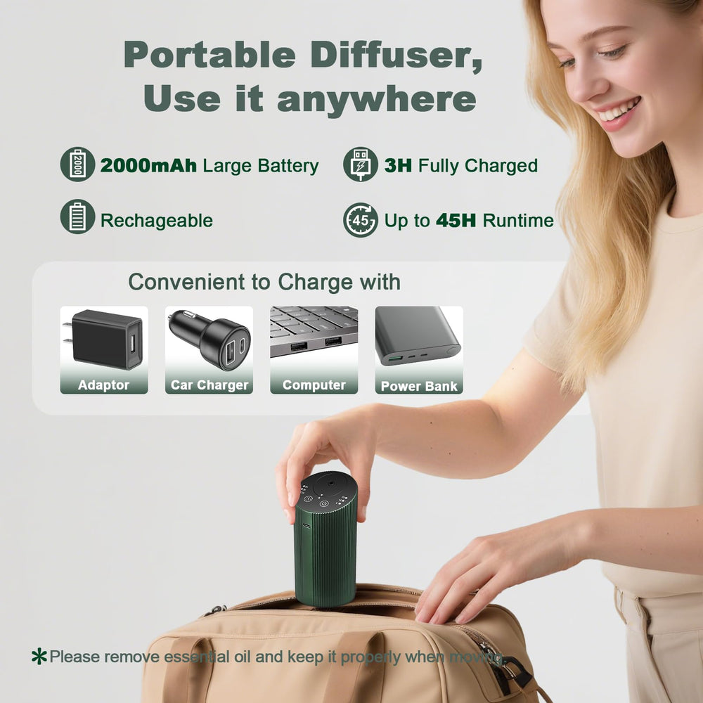 Aroma Diary dark green diffuser blends with home decor.