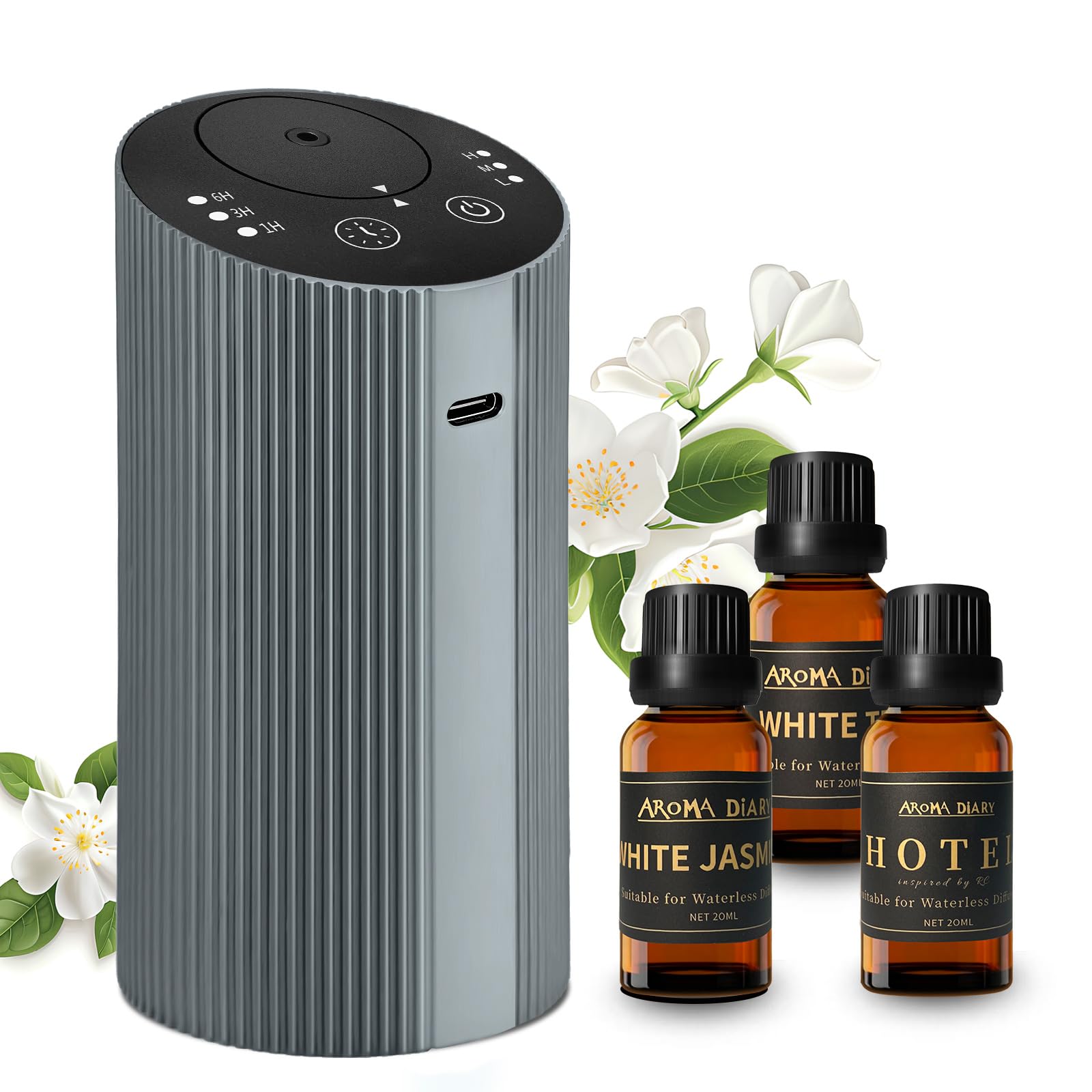 Aroma Diary waterless diffuser in silvergrey on table delivering subtle room fragrance.