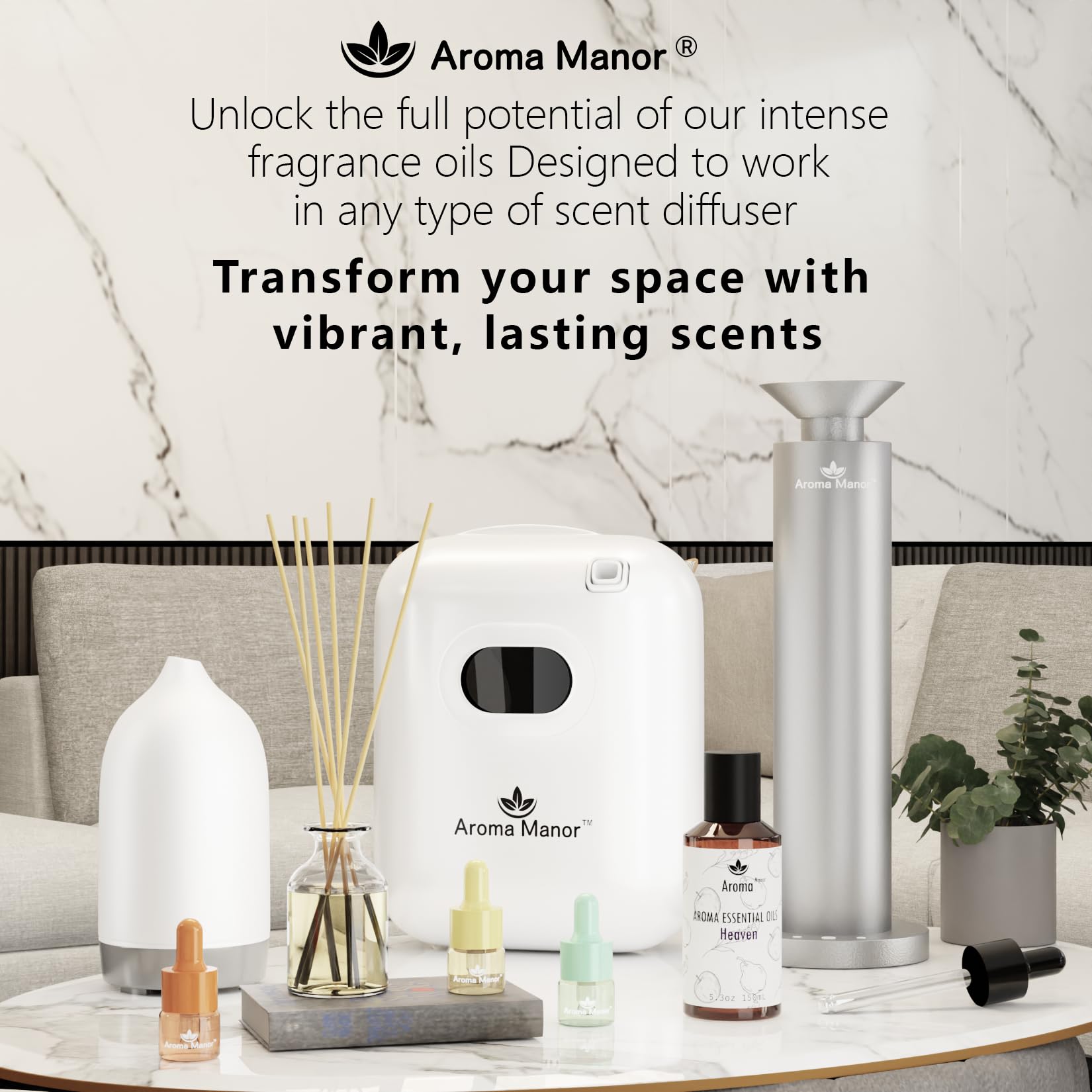 Aroma Manor bedroom diffuser ambiance with enduring aroma across the space.