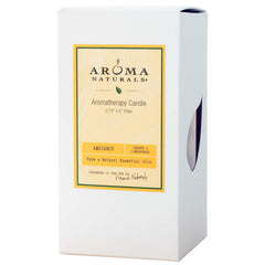 Aroma Naturals candle on a table, showcasing 70-hour burn potential and handmade Californian craft.