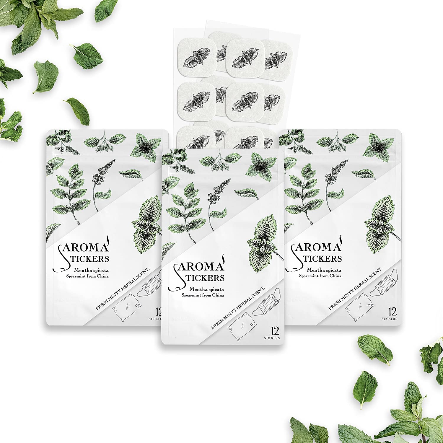 AROMA STICKERS Spearmint label close-up showing natural ingredients