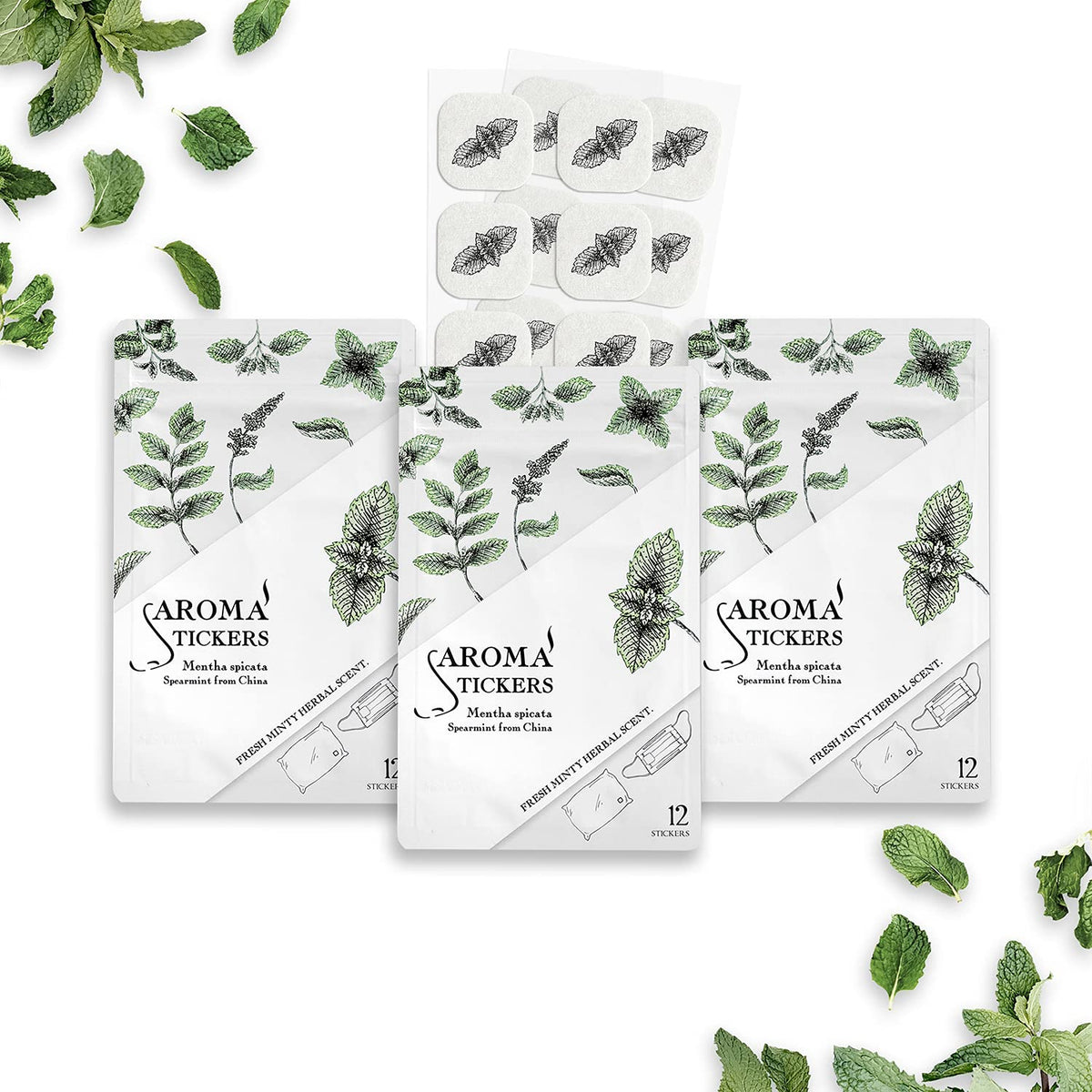 AROMA STICKERS Spearmint label close-up showing natural ingredients