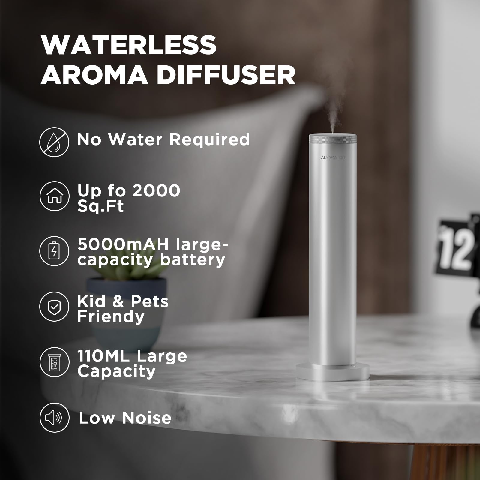 Aroma100 diffuser side profile in a modern space showcasing the sleek design