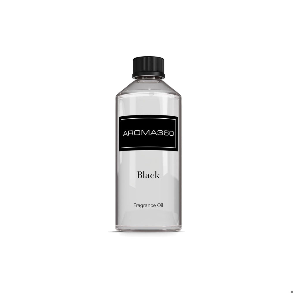Aroma360 Black Diffuser Oil Blend bottle highlights a luxurious fragrance for living spaces.
