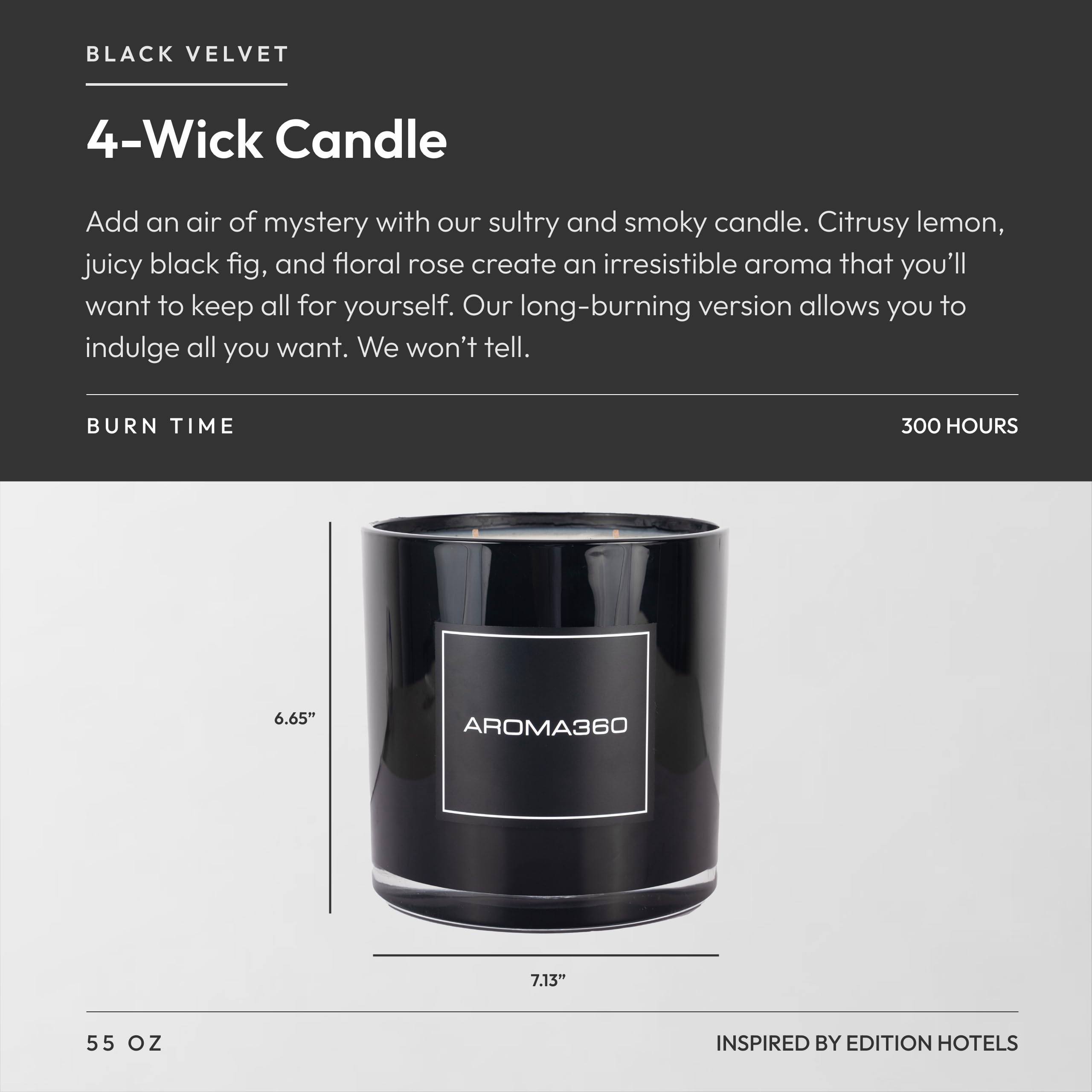 Aroma360 Black Velvet 4-Wick Candle lit with a soft glow creates cozy evenings