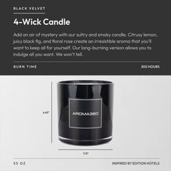 Aroma360 Black Velvet 4-Wick Candle lit with a soft glow creates cozy evenings
