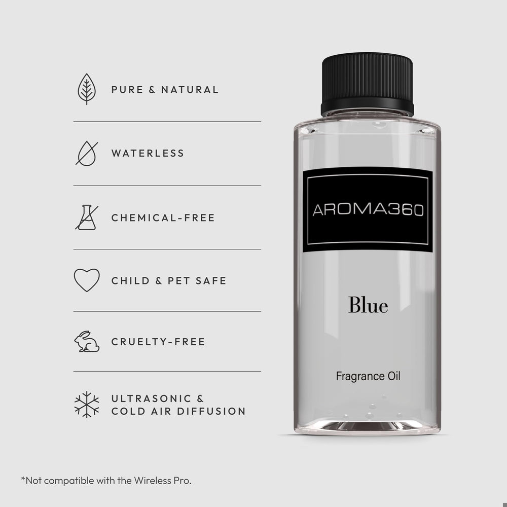Aroma360 Blue Diffuser Oil Blend packaging close-up communicates luxury and care.