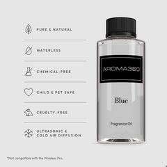 Aroma360 Blue Diffuser Oil Blend packaging close-up communicates luxury and care.