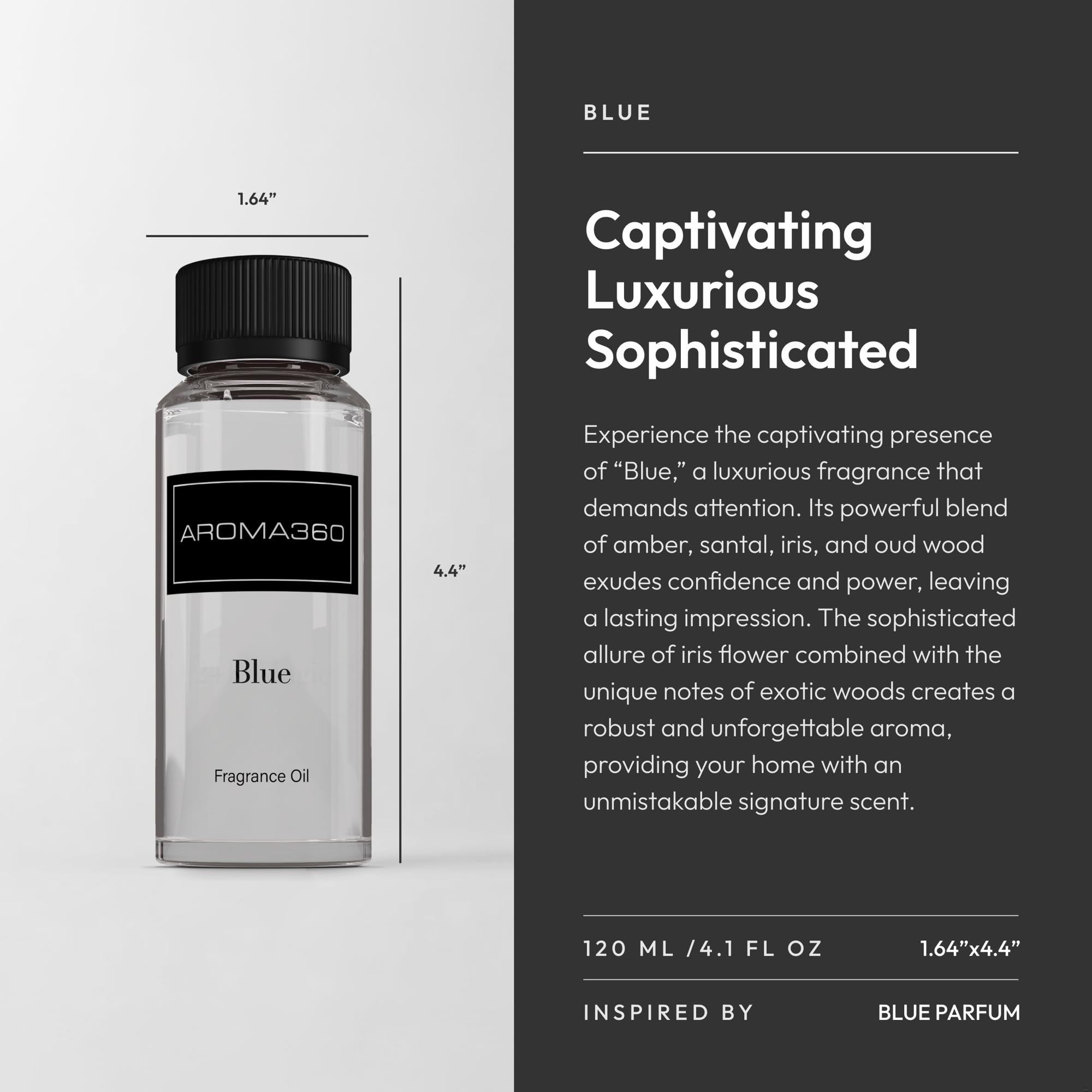 Aroma360 Blue Diffuser Oil Blend displayed with wooden decor for premium ambiance.