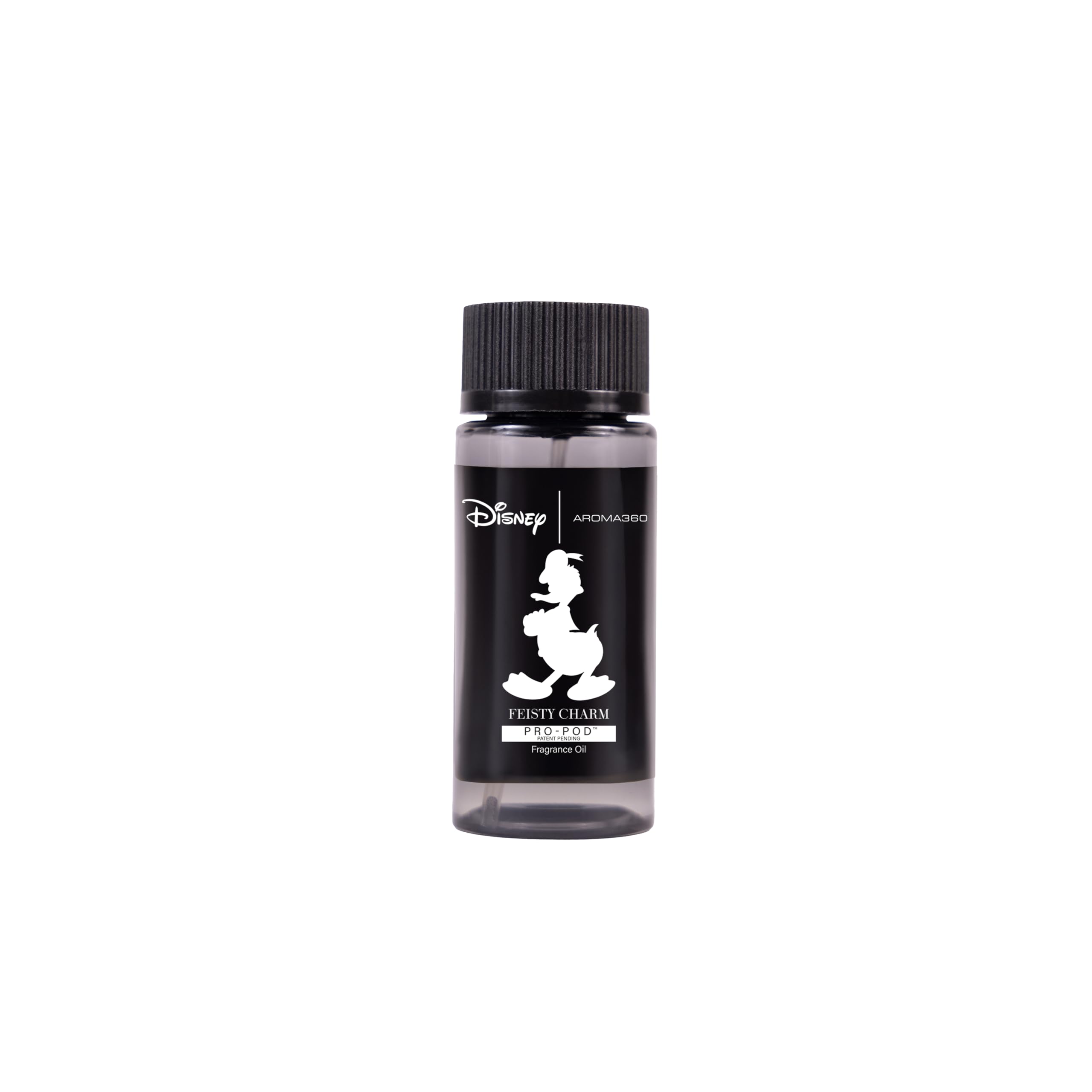 Aroma360 Disney Feisty Charm Pro-Pod bottle displayed beside a diffuser, ideal for cozy living rooms.