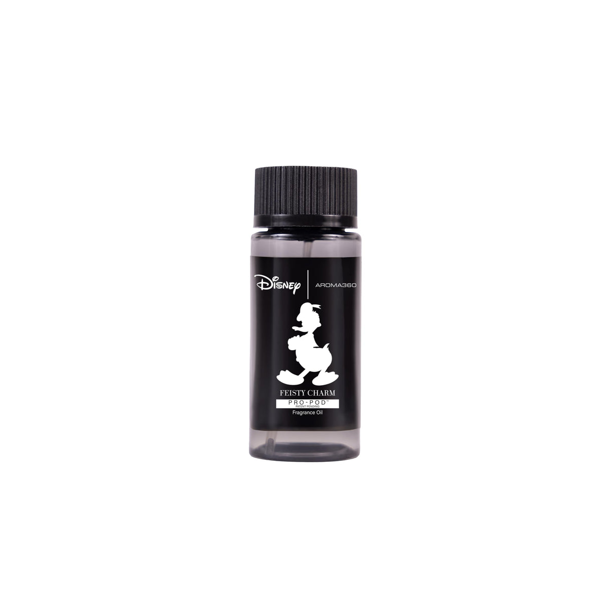 Aroma360 Disney Feisty Charm Pro-Pod bottle displayed beside a diffuser, ideal for cozy living rooms.