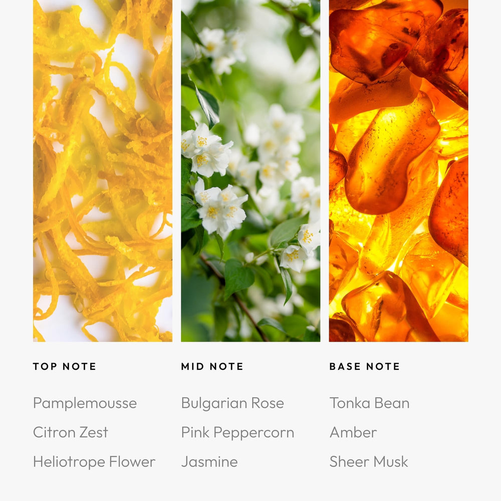 Heart notes Bulgarian Rose and Jasmine enrich the scent profile.