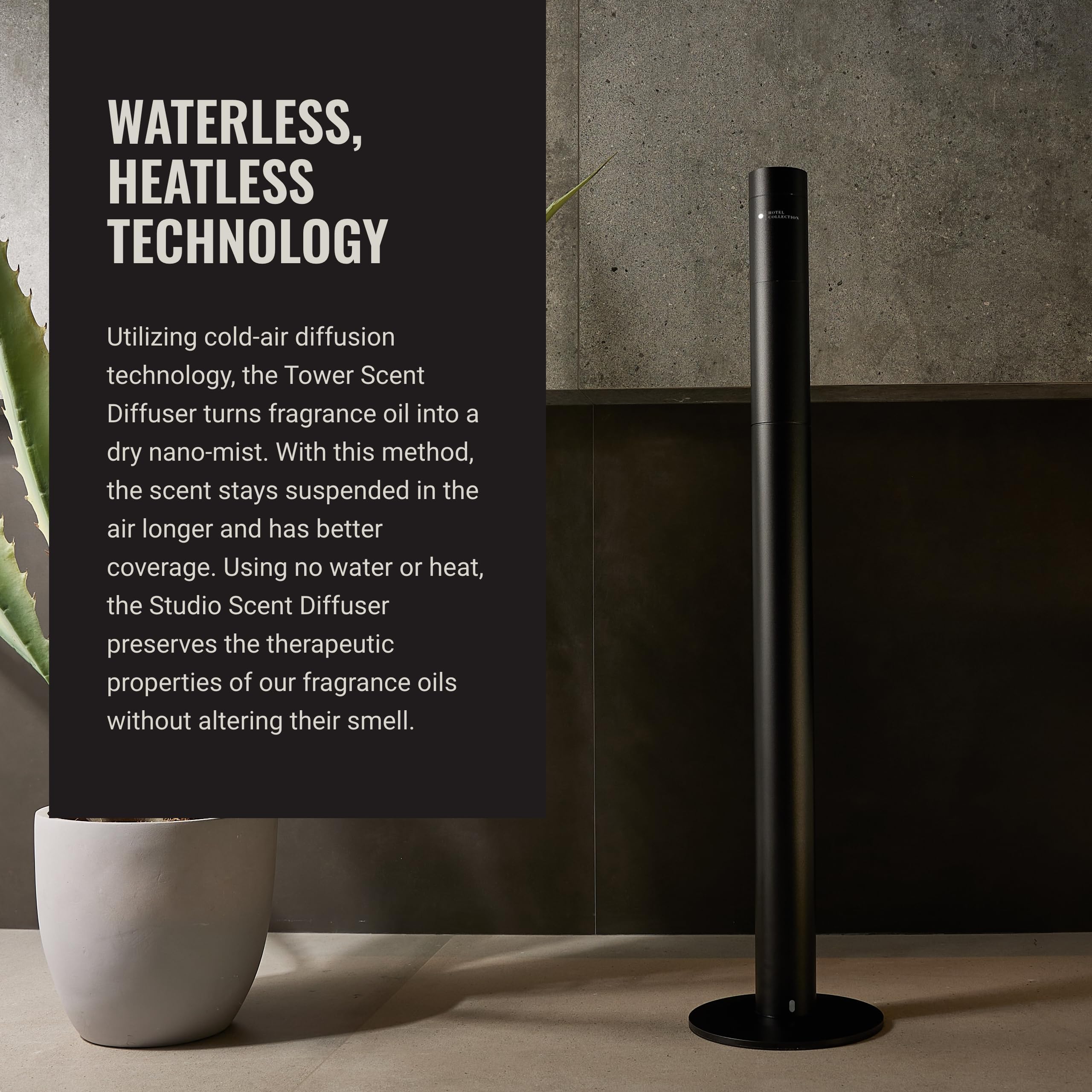 Aroma360 Hotel Collection Diffuser beside bed illustrating silent operation